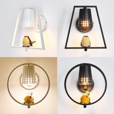 Modern Circle/Trapezoid Wall Light with Hollow Bucket&Bird 1 Light Metal Wall Sconce in Black/White for Balcony