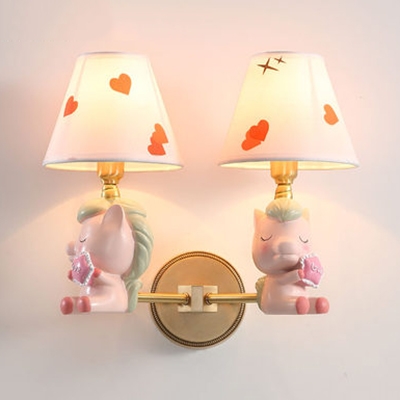 Child Bedside Pony Wall Light Resin 1/2 Lights Lovely Blue/Pink Sconce Light with Fabric Shade