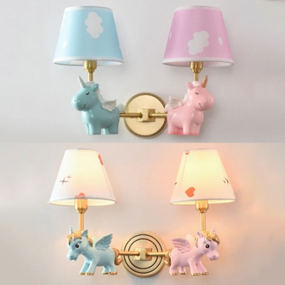 Cute Unicorn Shaped Wall Lamp 2 Heads Fabric Resin Sconce Light in Blue&Pink for Kindergarten