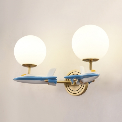 Glass Orb Wall Sconce with Resin Airplane 1 Head Modern Style Sconce Light in Blue/White for Kid Bedroom