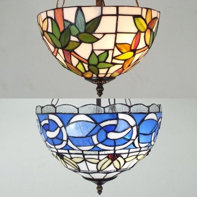 Antique Tiffany Bowl Inverted Ceiling Light Stained Glass Semi Flush Mount Light for Restaurant Villa