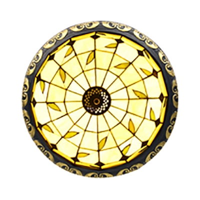 Art Glass Flush Mount Light with Grid/Leaf/Peacock/Solid Color Study Room 4 Lights Traditional Tiffany Ceiling Light