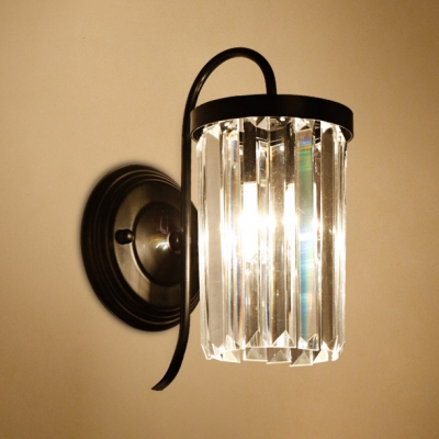 Black/Gold Cylindrical Wall Sconce 1 Light Simple Style Clear Crystal Sconce Light for Bathroom