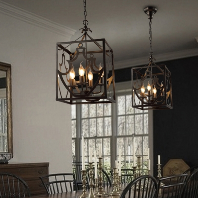 Colonial Style Candle Pendant Light with Rectangle Shade 4 Lights Metal Chandelier in Matte Black for Restaurant