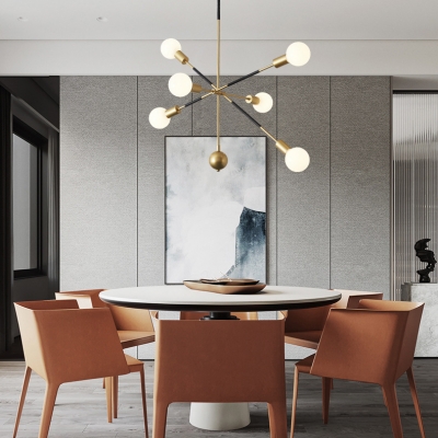 Contemporary Linear Hanging Light with Orb Milk Glass 6 Bulbs Gold Chandelier for Restaurant