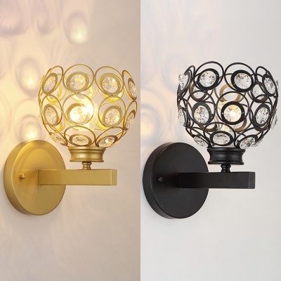 Etched Globe Bedside Wall Light with Crystal Bead 1 Head Postmodern Wall Lamp in Black/Gold