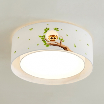 Fabric Owl Leaf Ceiling Lamp Kindergarten Cartoon Green/Pink LED Flush Mount Light in Warm/White