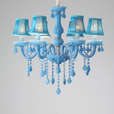 Fabric Tapered Shade Chandelier with Crystal Shop 6 Lights Macaron Suspension Light in Blue/Green/Pink