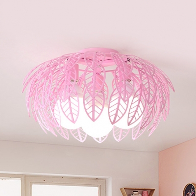 Hollow Leaf LED Flush Mount Light Macaron Loft Metal Ceiling Lamp in Blue/Pink/White/Yellow for Nursing Room