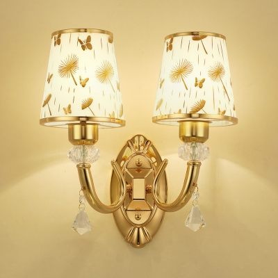 Hotel Dandelion/Prismatic/Ribbed Wall Light Metal 2 Lights Elegant Style Gold Sconce with Crystal Bead