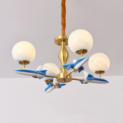 Kindergarten Airplane Chandelier Metal 4 Lights Modern Style Blue/White Pendant Light with Globe Shade