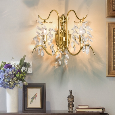 Luxurious Gold Sconce Lamp Candle 2 Bulbs Metal Wall Light with Crystal Leaf for Bedroom Stair