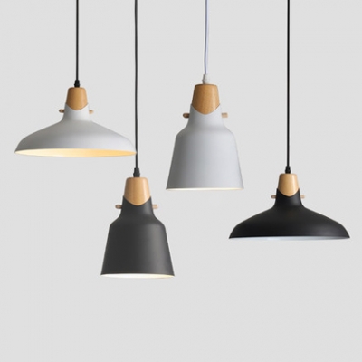 Metal Barn/Bucket Hanging Pendant Nordic Wood Finish 1-Light Suspension in Black/White