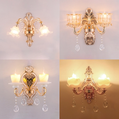 Metal Engraved Arm Wall Light with Crystal 2 Heads Luxurious Sconce Light in Gold for Bedroom