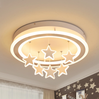 Modern Ring Flush Mount Light with Hanging Star Acrylic White LED Ceiling Fixture with Warm/White Lighting for Bedroom