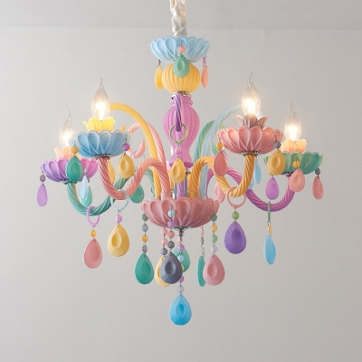 Resin Candle Hanging Light 5/6 Lights Kids Colorful Chandeleir with Crystal Deco for Nursing Room