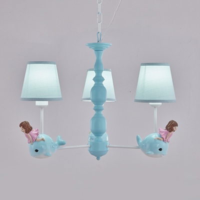 Resin Girl&Dolphin Chandelier Child Bedroom 3/5 Heads Lovely Hanging Lamp in Blue/Pink