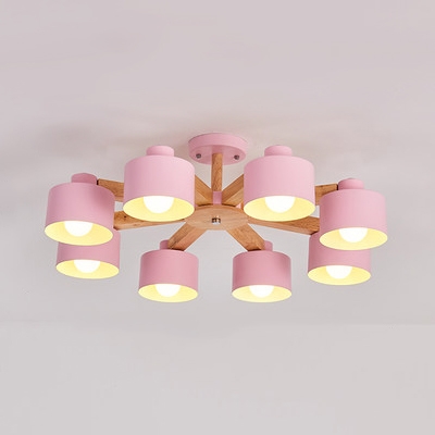 Round Kid Bedroom Pendant Lamp Wood 6/8 Lights Macaron Loft Chandelier in Gray/Green/Pink/Yellow