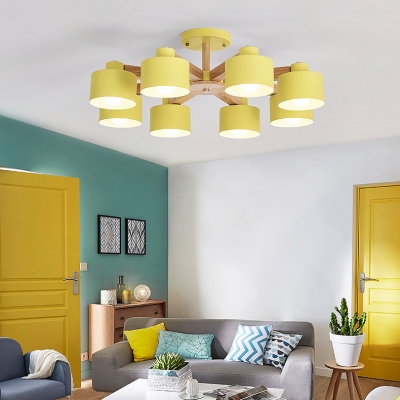 Round Kid Bedroom Pendant Lamp Wood 6/8 Lights Macaron Loft Chandelier in Gray/Green/Pink/Yellow