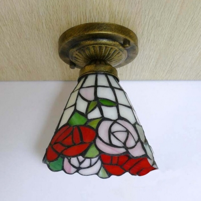 Rustic Style Rose Ceiling Light Single Bulb Stained Glass Flush Mount Light in White for Hotel