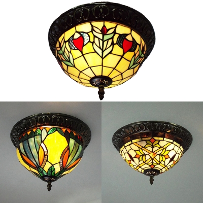 Rustic Tiffany Flush Ceiling Light Bowl Shade 2 Lights Stained Glass Ceiling Fixture for Porch