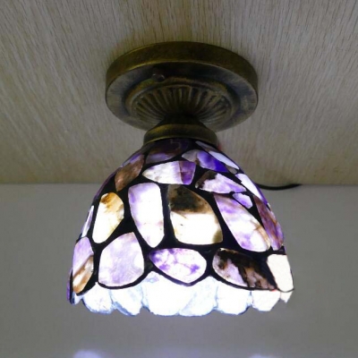 Single Bulb Dome Ceiling Light Tiffany Antique Glass Brown/Multi-Color/Purple/Yellow for Study Room