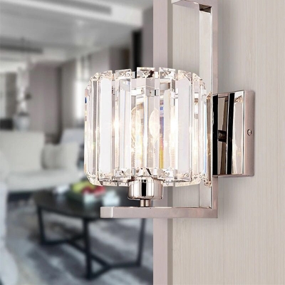 Single Light Drum Sconce Light Contemporary Metal & Clear Crystal Wall Light in Chrome for Hotel
