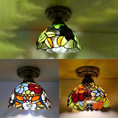 Stained Glass Plant Ceiling Mount Light with Bowl Shade Hallway 1 Light Vintage Tiffany Ceiling Fixture