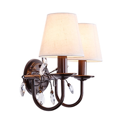 Tapered Shade Villa Wall Light Fabric 1/2 Heads Antique Style Wall Sconce with Crystal Leaf
