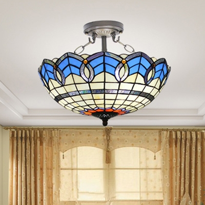Umbrella Shaped Inverted Semi Flush Light 2/3 Lights Tiffany Nautical Stained Glass Ceiling Lamp for Cafe