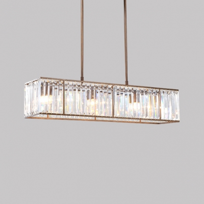 Vintage Style Rectangle Pendant Light Clear Crystal Three Light Brass Chandelier for Dining Room