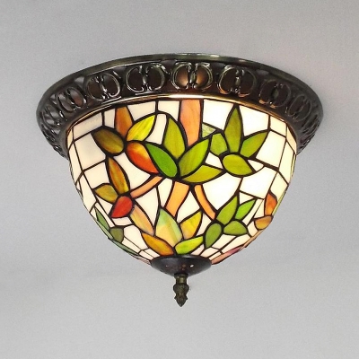 White Bowl Flush Mount Light with Bamboo/Rose 2 Lights Stained Glass Ceiling Lamp for Balcony