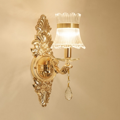 1/2 Lights Curved Shade Wall Light with Clear Crystal Elegant Metal Sconce Light in Gold for Bedroom