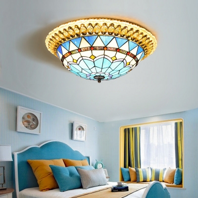 19.5 Inch Bead/Mediterranean Ceiling Lamp Tiffany Style Art Glass Flush Ceiling Light for Bedroom