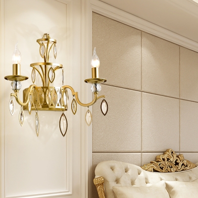 2 Lights Candle Wall Light Classic Style Metal Wall Lamp in Gold with Crystal Leaf for Restaurant