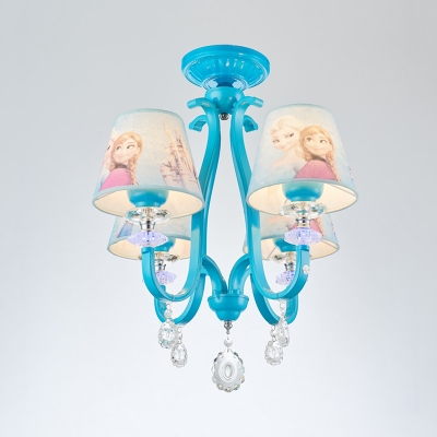 4 Heads Princess Pendant Light with Crystal Cartoon Metal Chandelier in Blue for Child Bedroom