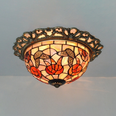 Rustic Tiffany Bowl Ceiling Mount Light with Butterfly/Flower Stained Glass Ceiling Lamp for Bedroom