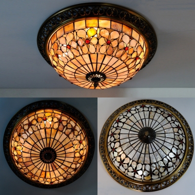Rustic Style Flush Mount Light Flower/Grid 4 Lights Handmade Shell Ceiling Lamp for Dining Room