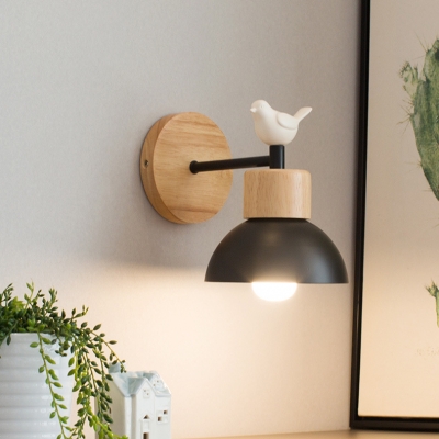 Dome Study Room Wall Light with Resin Bird Wood Single Head Nordic Stylish Sconce Light in Black/White