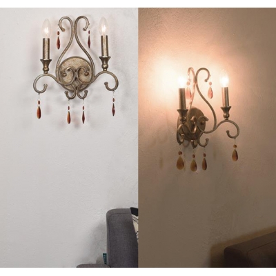 Antique Style Aged Steel Wall Light Candle 2 Lights Iron Sconce Light with Amber Crystal for Villa