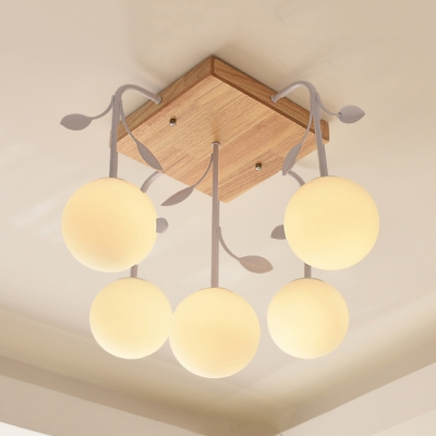 Asian Style Globe Ceiling Lamp with Leaf Wood Glass 5/12 Lights White Semi Flush Ceiling Light for Foyer