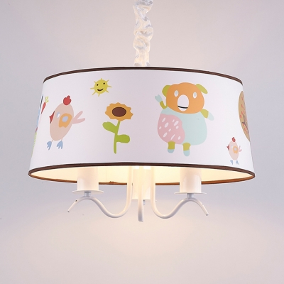 Cartoon Animal Pendant Light with Drum Shade 3/5 Heads Fabric Chandelier in White for Kid Bedroom