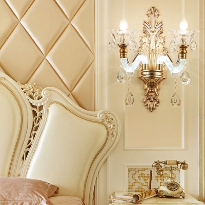 Elegant Candle Shape Sconce Light 1/2 Lights Metal Wall Lamp with Crystal in Gold for Hotel Villa