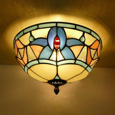 Grid/Magnolia/Tulip Bedroom Flush Mount Light 12/16 Inch Stained Glass Tiffany Antique Ceiling Lamp
