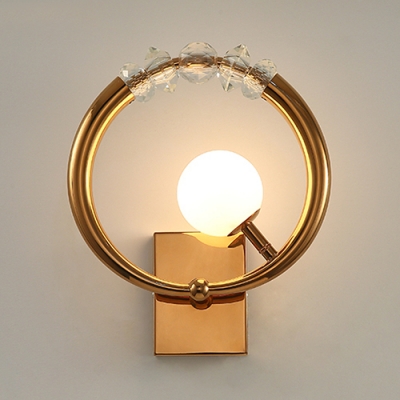 Metal Ring Wall Light with Globe Shade & Crystal 1 Head Modern Style Wall Lamp in Gold