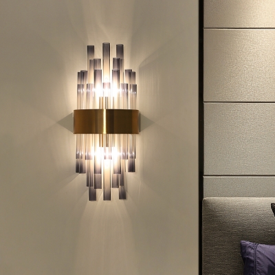 Modern Style Tube Wall Sconce Smoke Crystal Metal Two Lights Wall Lamp in Gold Finish for Dining Room