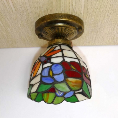 Multi-Color Floral Ceiling Light 1 Bulb Tiffany Rustic Glass Flush Mount Light for Kitchen
