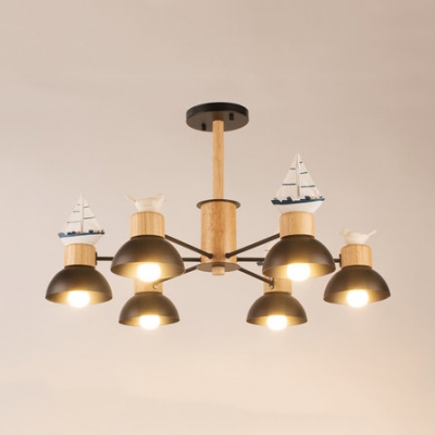Nordic Style Ship Chandelier 3/6 Heads Wood Ceilng Pendant in Black/White for Dining Room Boys Bedroom