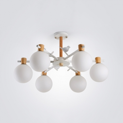 Opal Glass Orb Chandelier with Bird 3/6 Lights Nordic Style Pendant Light in White for Balcony