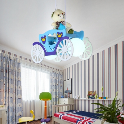Rickshaw Boys Girls Bedroom Pendant Light Wood Modern Lovely LED Hanging Light with Bear in Blue/Pink